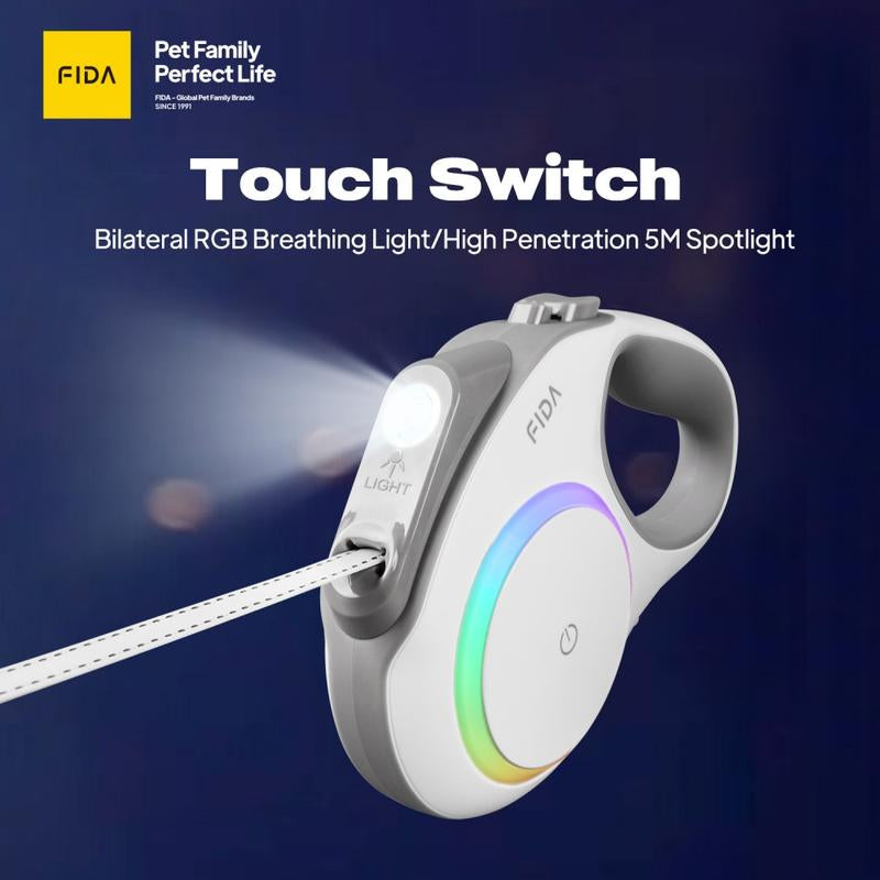 FIDA Retractable LED Lighted Dog Leash, 360° Tangle Free, Available in Different Sizes to Suit Different Sized Dogs,Equipped with LED Lighting and Colorful Lights on Both Sides, Suitable for Walking the Dog at Night