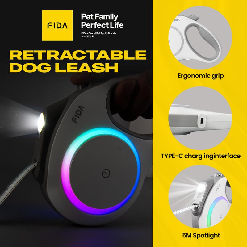 FIDA Retractable LED Lighted Dog Leash, 360° Tangle Free, Available in Different Sizes to Suit Different Sized Dogs,Equipped with LED Lighting and Colorful Lights on Both Sides, Suitable for Walking the Dog at Night